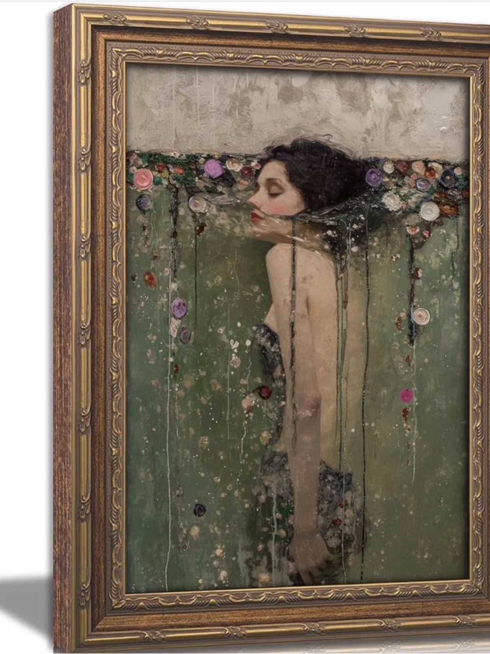 Source Unknown - Green and Cream Oil Portrait of Woman with Floral Accents